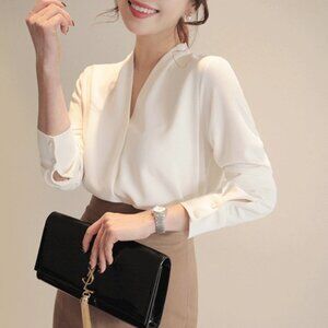 Women Dressy Long Neck V Neck Chiffon Shirt Formal Casual Blouse Tops, Cream, XL